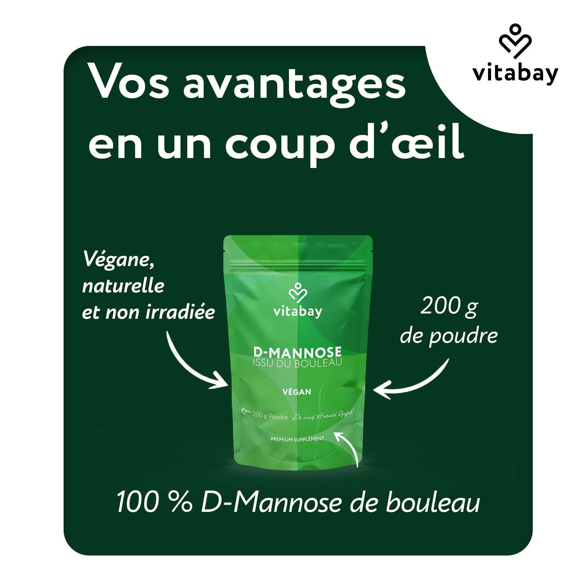 Sachet vert Vitabay D-Mannose de bouleau, poudre 200g.