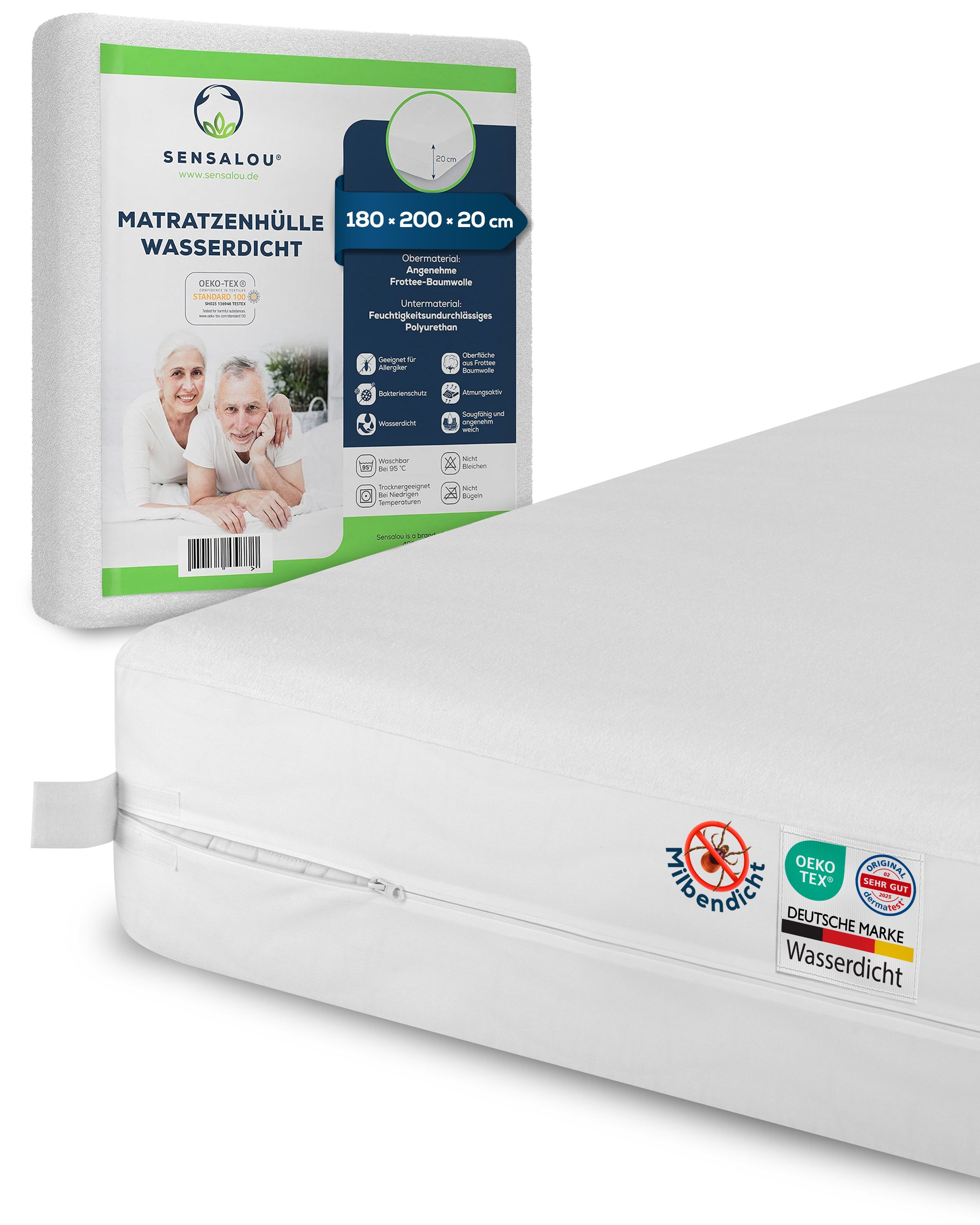 Housse de matelas blanche avec fermeture éclair, 180x200x20cm. Emballage avec informations produit. Certification Oeko-Tex.