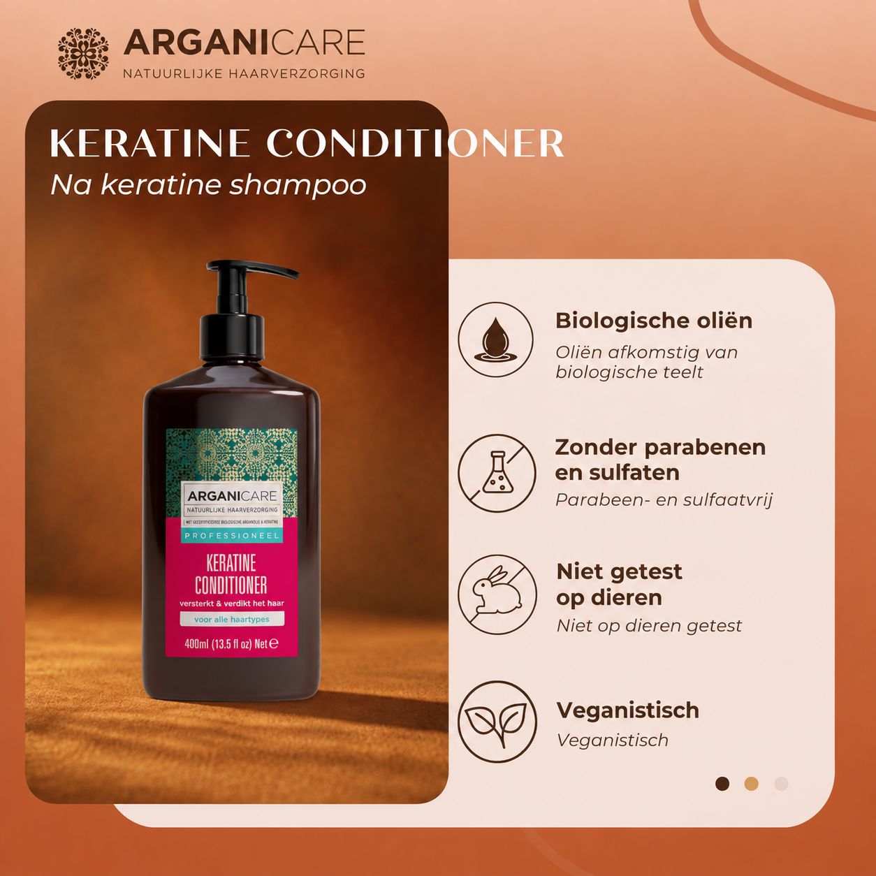 Arganicare Keratin Conditioner fles met informatie over biologische oliën en vegan formule.