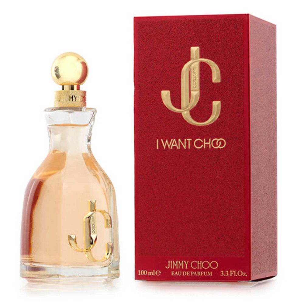 Bouteille de parfum Jimmy Choo et boîte cadeau rouge avec logo JC doré et inscription.