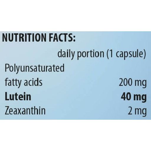 Tableau nutritionnel. Portion quotidienne (1 gélule): 40 mg lutéine, 2 mg zéaxanthine, 200 mg acides gras polyinsaturés.