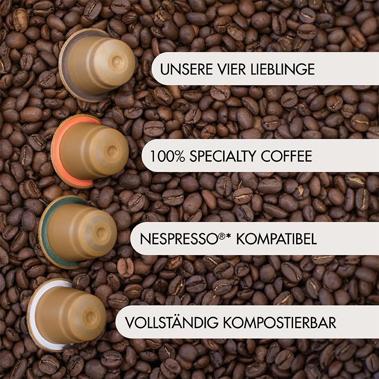 Koffiecapsules op koffiebonen. Tekst: Onze vier favorieten, 100% Specialty Coffee, Nespresso compatibel, volledig composteerbaar.