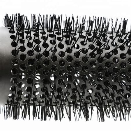 Vue détaillée d'une brosse ronde avec poils et fût perforé en céramique.