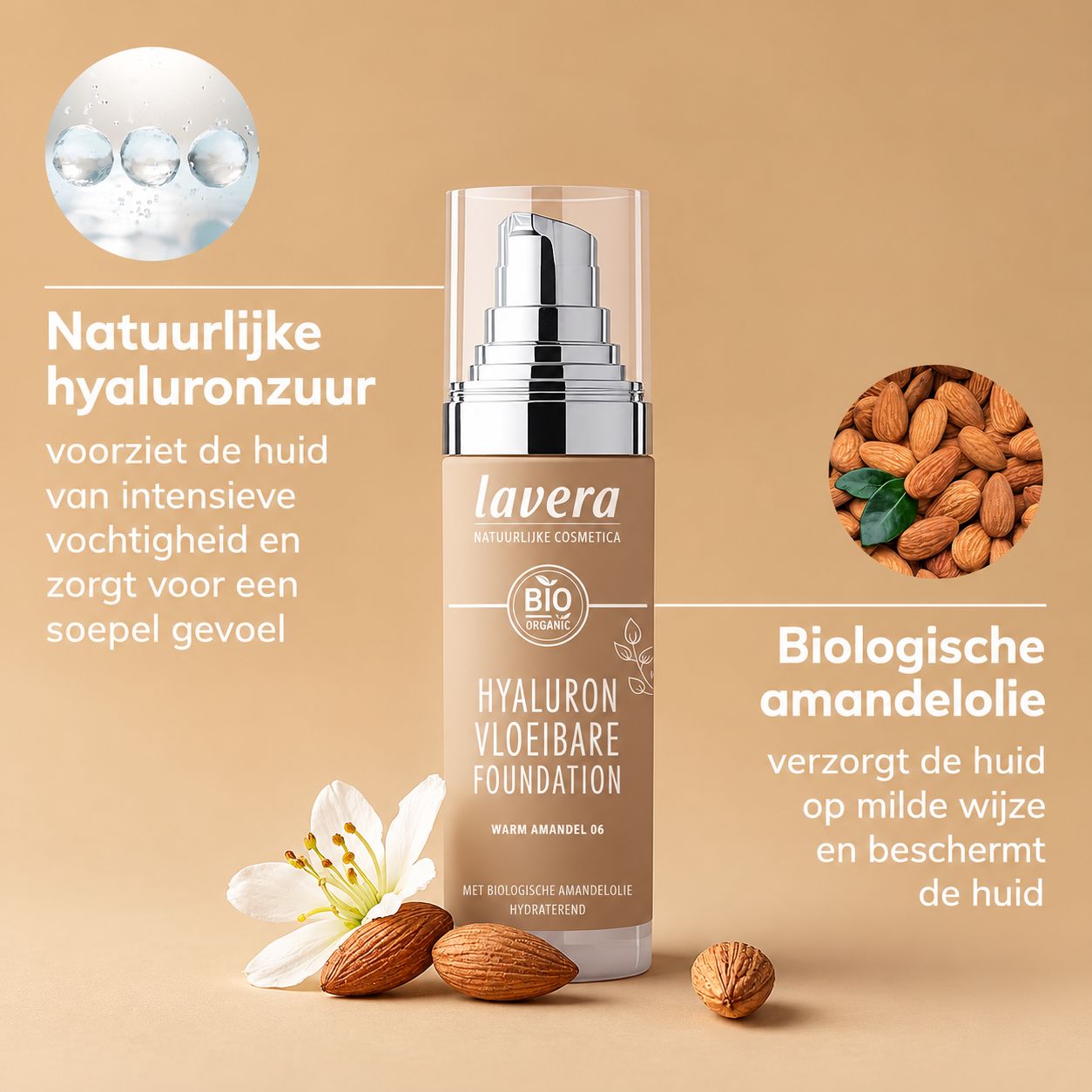 Lavera Hyaluron Vloeibare Foundation fles met pompdispenser, omringd door amandelen en een bloem.