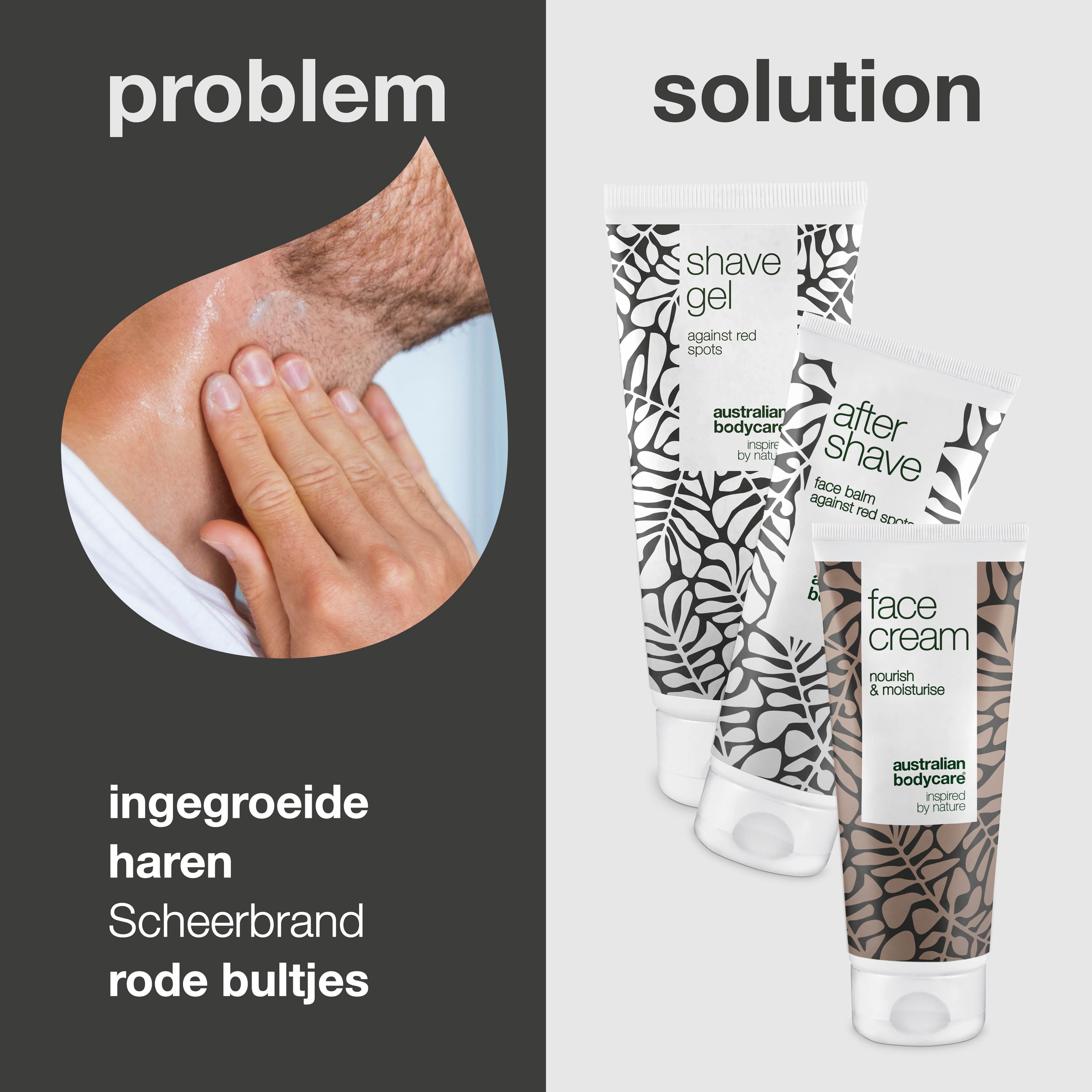 Vergelijking: probleem en oplossing. Links: man raakt zijn nek aan. Rechts: 3 tubes. Opschriften: Shave Gel, After Shave, Face Cream.