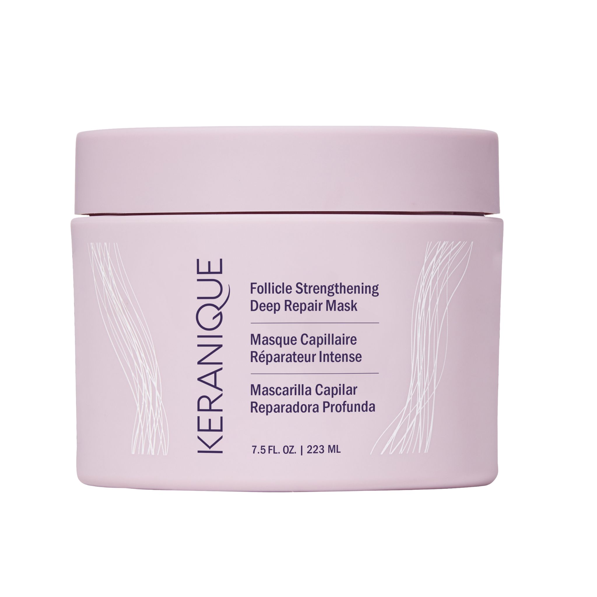 Lila pot met deksel. Opschrift: Keranique, Follicle Strengthening Deep Repair Mask. Meertalige productaanduidingen. 7.5 FL. OZ. | 223 mL.