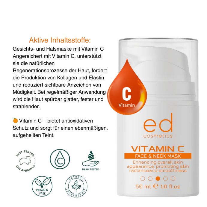 Flacon blanc avec pompe. Goutte orange avec vitamine C. Texte: Vitamin C Face & Neck Mask. Marque: ed cosmetics.
