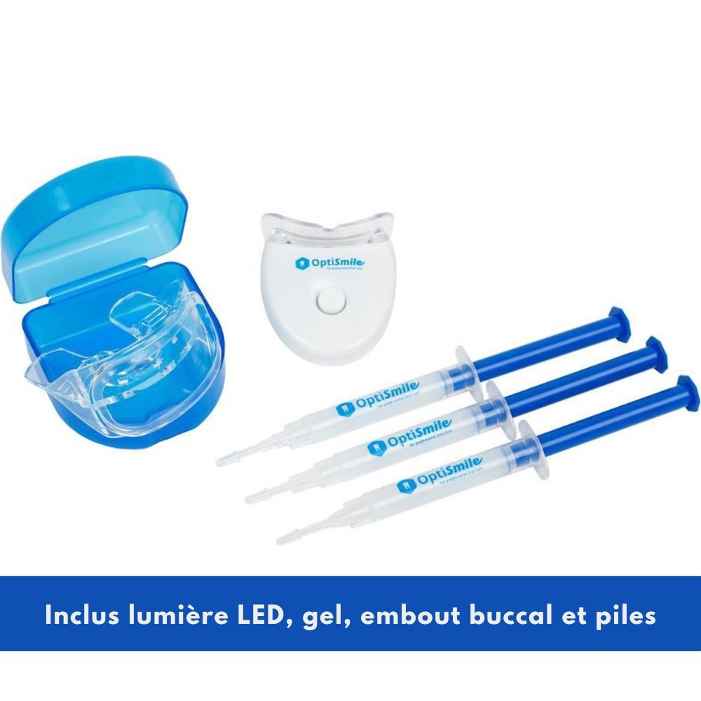 Kit OptiSmile avec lumière LED, gel, embout buccal et piles. Boîte de rangement bleue et seringues.