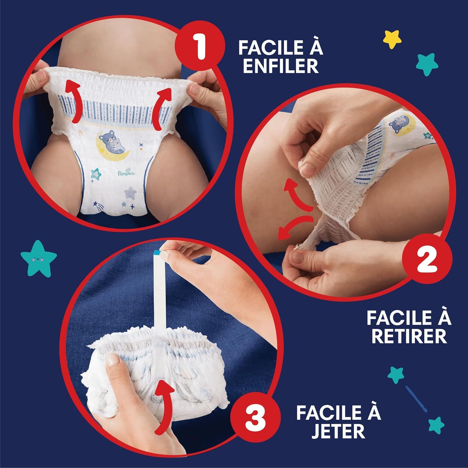 Instructions pour enfiler et retirer les Pampers Pants.