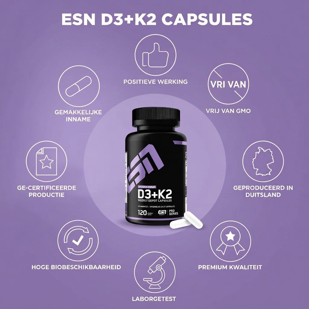 ESN D3+K2 capsules: Iconen tonen gemakkelijke inname, positieve werking, GMO-vrij, productie gecertificeerd, gemaakt in Duitsland, lab getest.