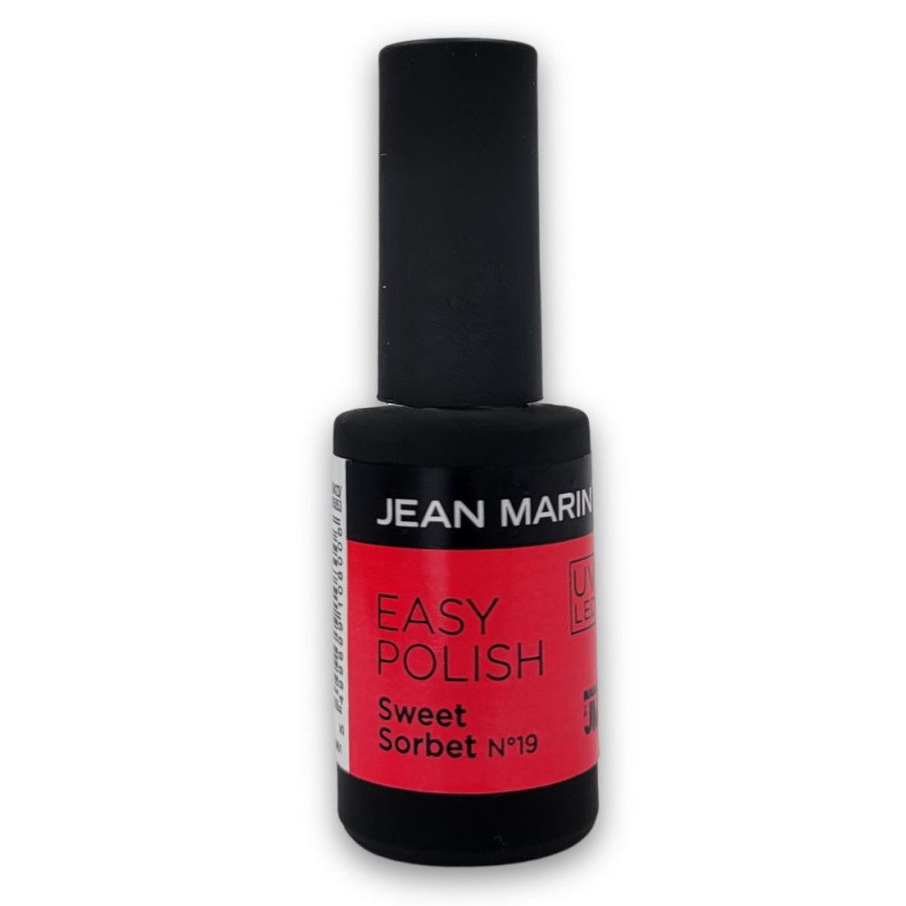 Flacon de vernis à ongles avec bouchon noir. Étiquette rouge avec texte blanc: EASY POLISH, Sweet Sorbet N°19. Marque: JEAN MARIN.