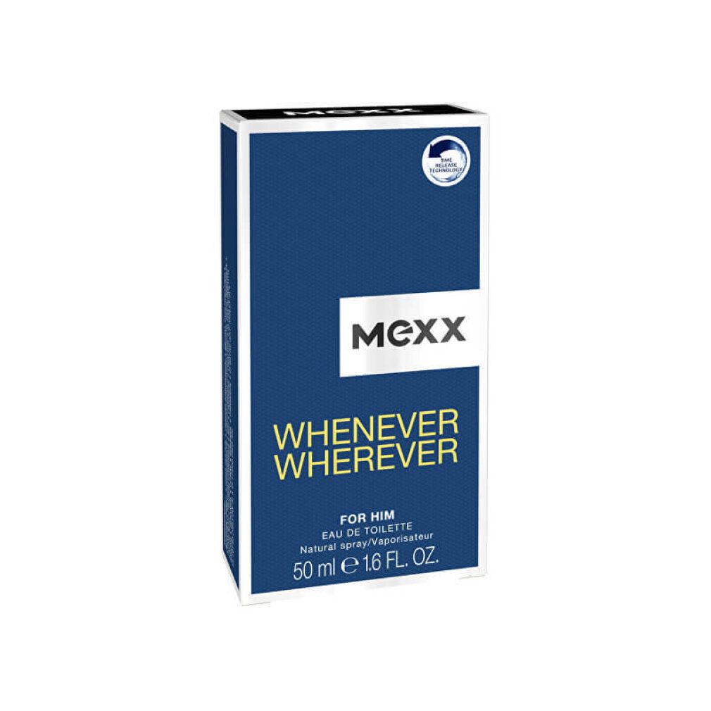 Emballage carton avec MEXX, Whenever Wherever, For Him. 50 ml. Emballage bleu avec logo blanc.