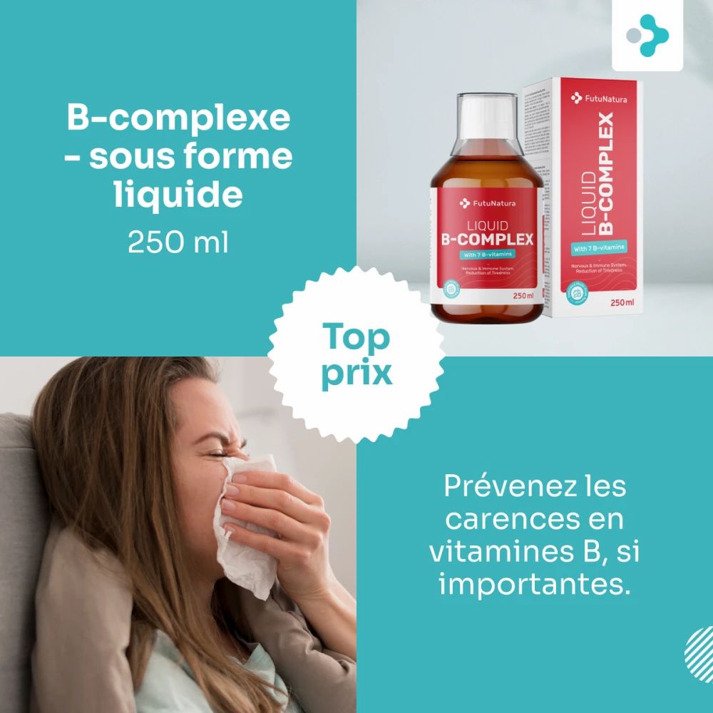 Bouteille et boîte FutuNatura B-complexe liquide, 250 ml, avec indications cœur et sang.