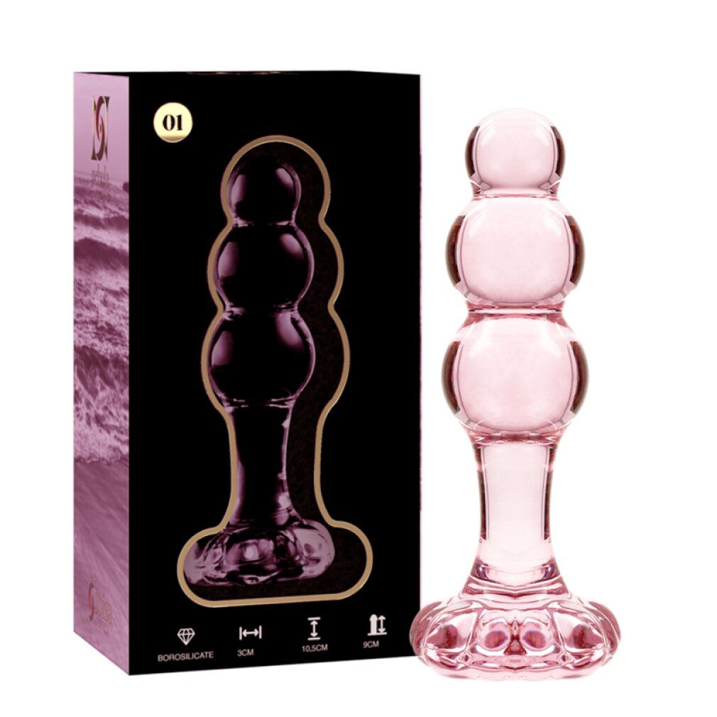 Roze glazen anale plug met bolvormige segmenten en brede basis. Verpakking inbegrepen.