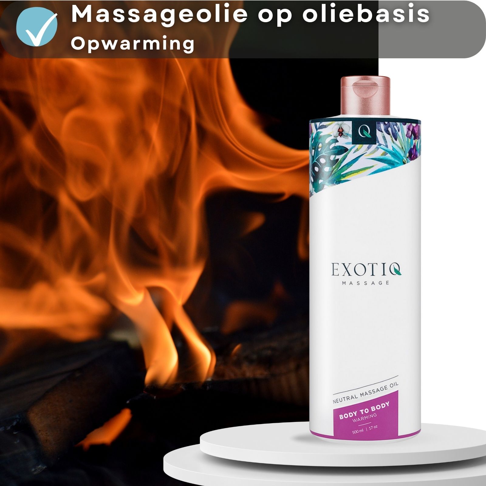Massageoliefles voor een open haard. Tekst: Body to Body Warming.