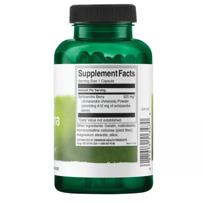 Dos de la bouteille verte. Étiquette avec informations nutritionnelles: Schizandra Berry, 525 mg par capsule. Ingrédients.