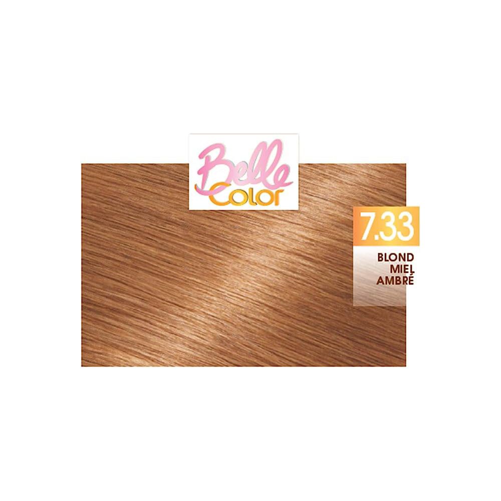 Haarkleurtest. Tint 7.33 Blond Miel Ambré. Belle Color logo. Lichtbruin haar.
