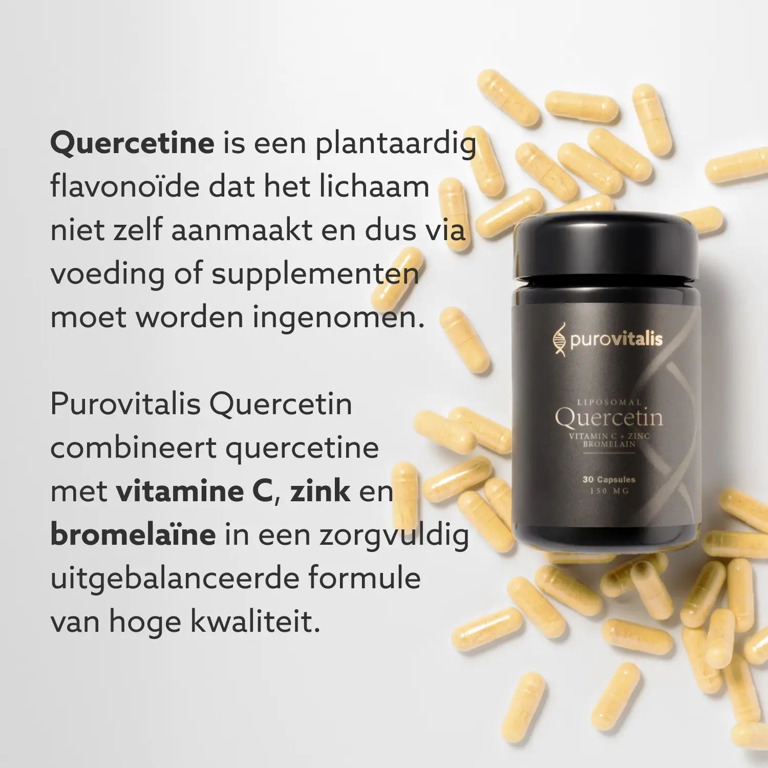 Fles en capsules. Tekst: Quercetine is een flavonoïde die het lichaam niet zelf aanmaakt. Purovitalis Quercetine met Vitamine C, Zink & Bromelaïne.