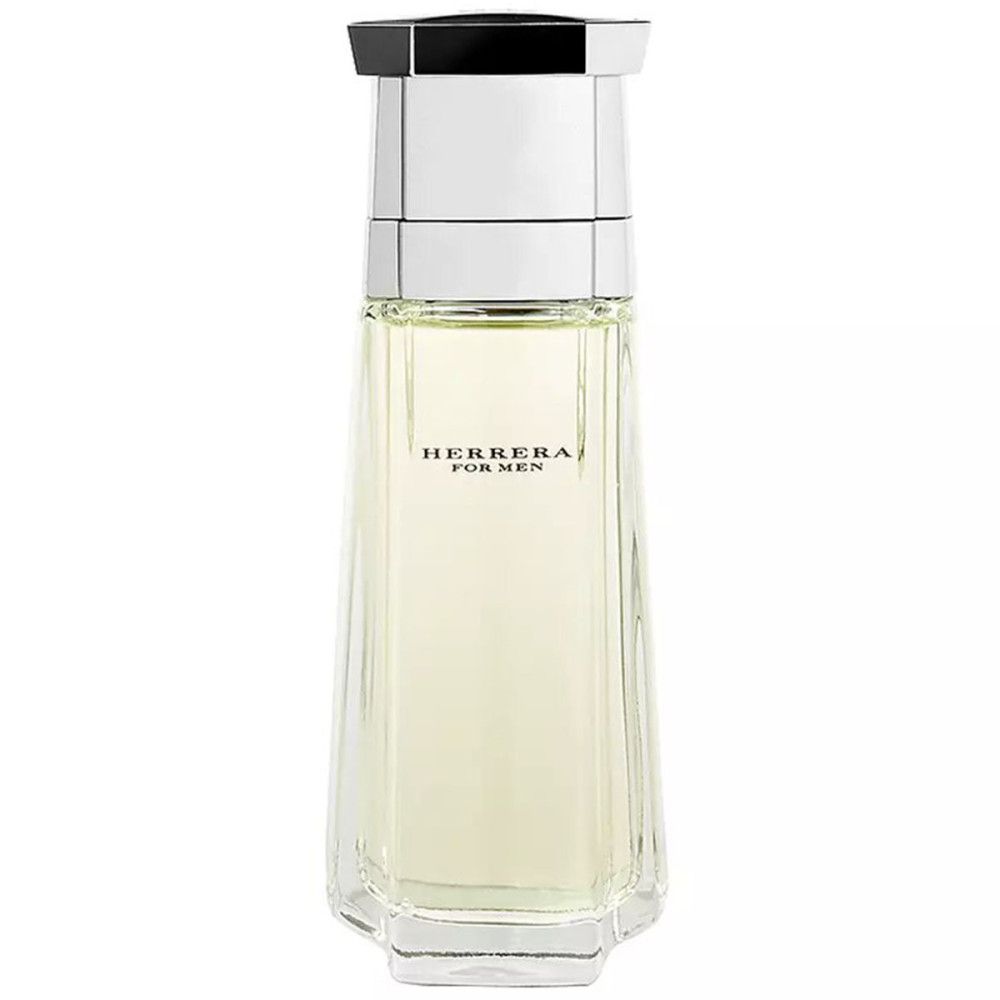 Herrera For Men Eau de Toilette fles. Rechthoekige vorm, zilveren dop, opschrift.