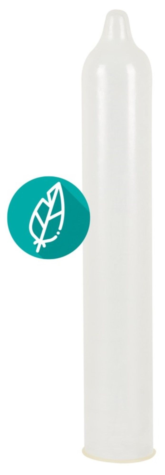Condoom. Wit, cilindrisch. Groen logo met bladmotief. Onderkant gelig.