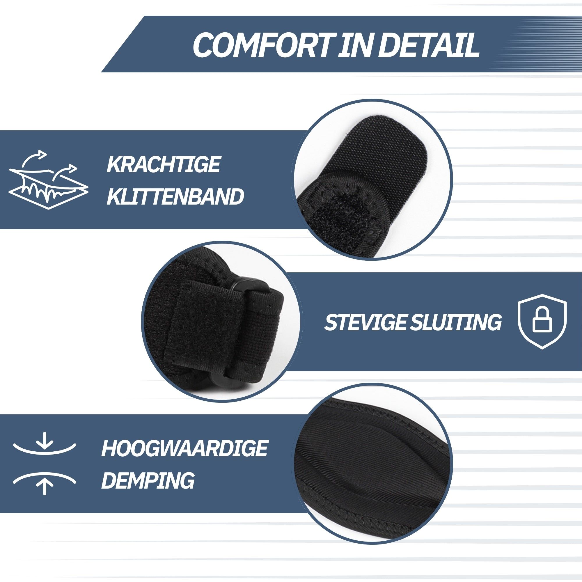Détails d'une bande de coude noire : velcro puissant, fermeture solide, amorti de haute qualité.