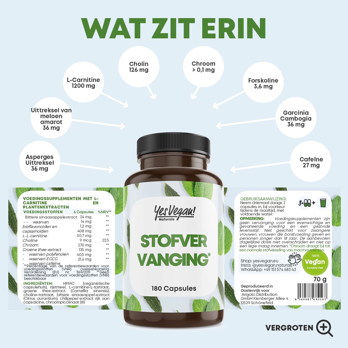 Fles van 180 capsules. Overzicht van ingrediënten en gebruiksaanwijzing.