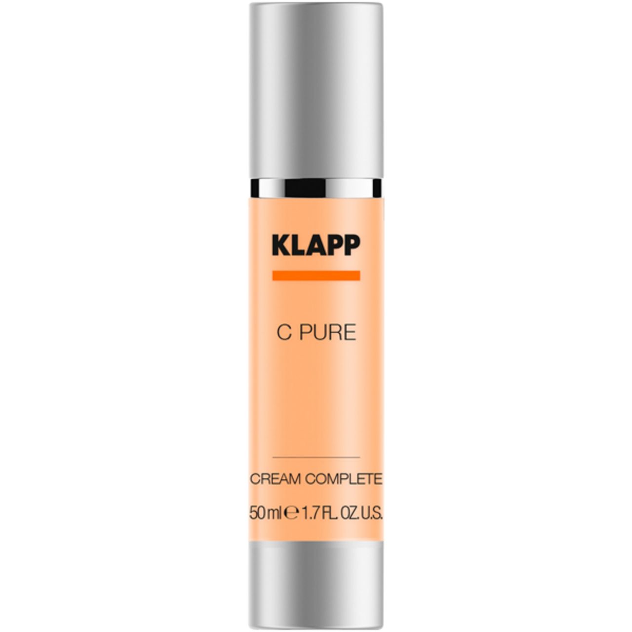 C Pure Cream Complete fles. Zilveren dop, oranje body. Opschriften: KLAPP, C Pure, Cream Complete, 50ml.