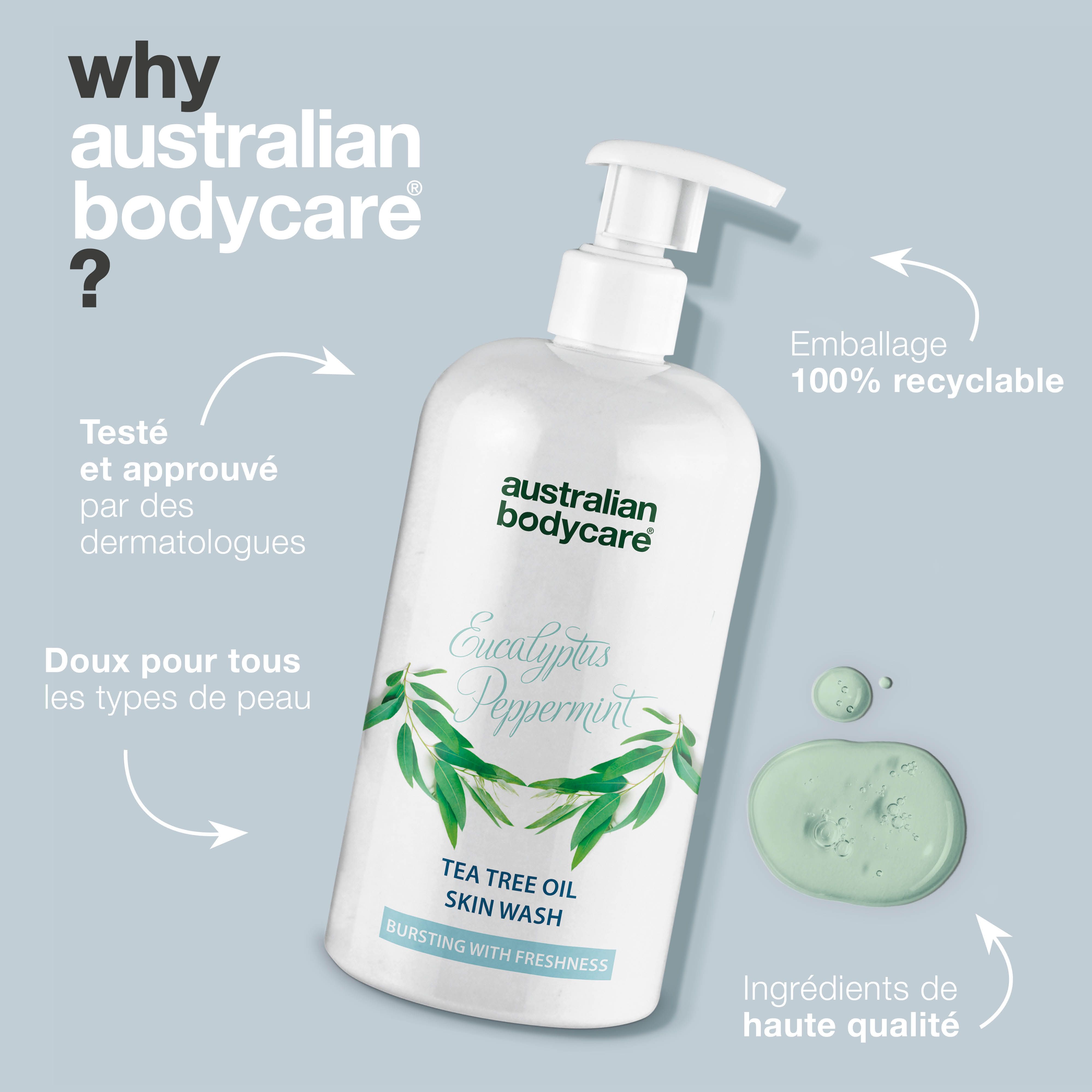 Flacon avec pompe. Texte : Australian Bodycare, Testé et approuvé par des dermatologues. Emballage 100% recyclable.