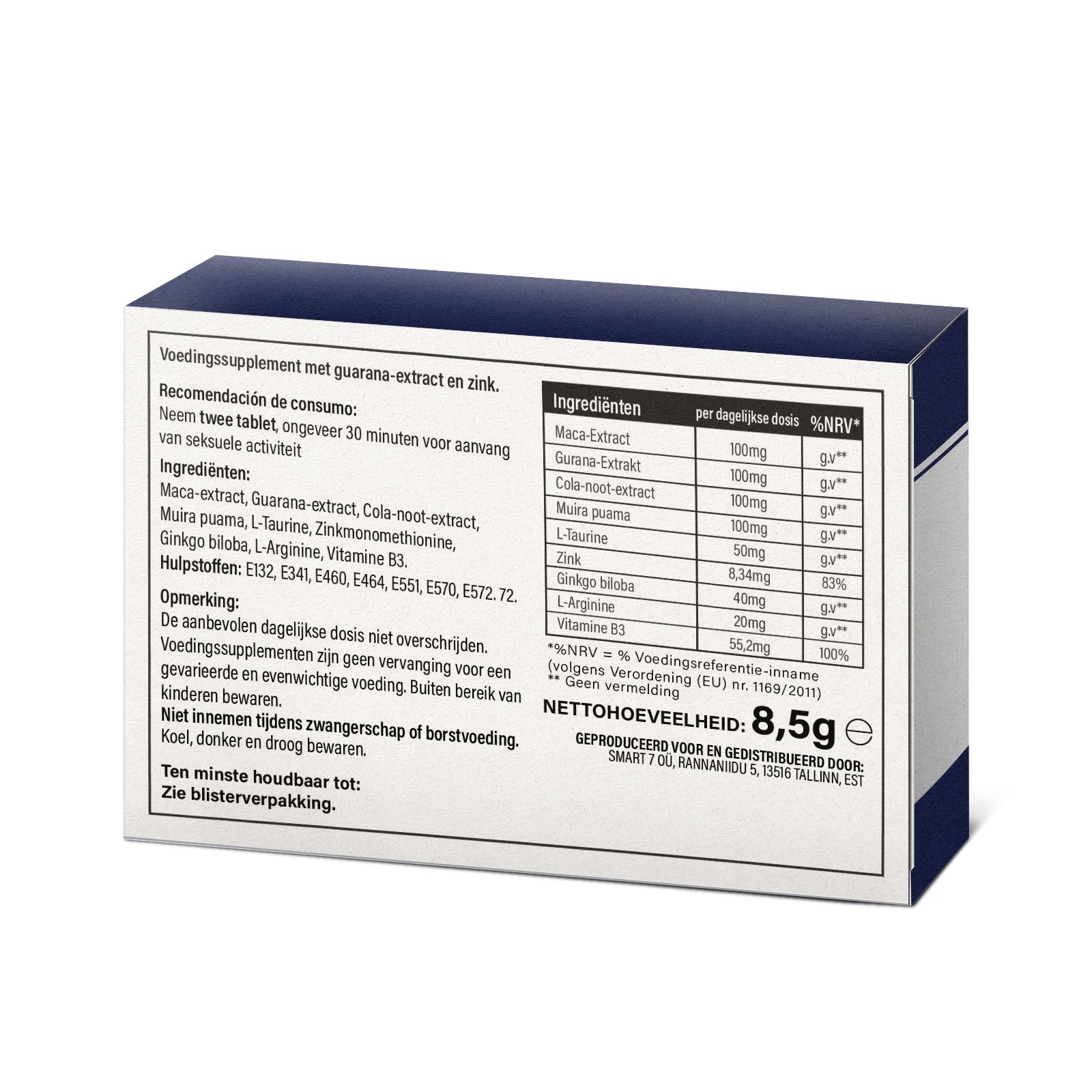Verpakking voedingssupplement. Bevat maca-extract, zink. Nettogewicht: 8,5g. Geproduceerd door Smart 7.