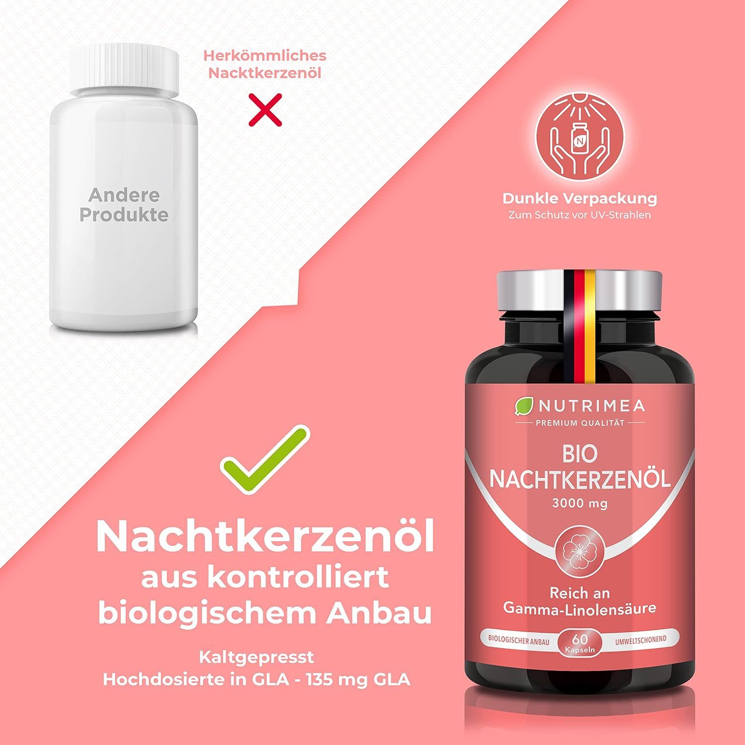 Vergelijking: teunisbloemolie uit biologische teelt. Fles met Duitse vlag. Koudgeperst, 135 mg GLA.