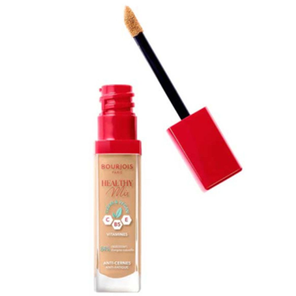 Correcteur Bourjois Healthy Mix, beige. Flacon avec bouchon rouge et applicateur.