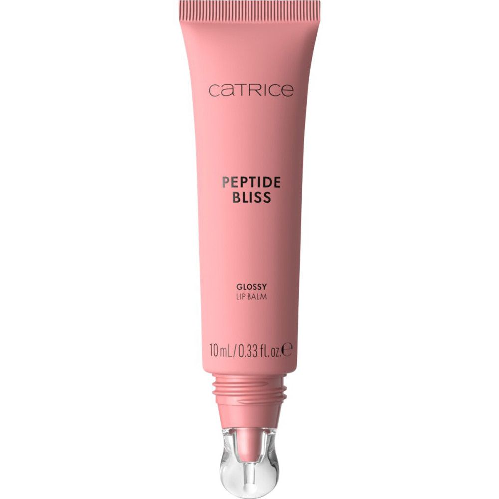 Tube rose avec applicateur transparent. Inscription : Catrice, Peptide Bliss, Glossy Lip Balm. Contenu : 10 ml.