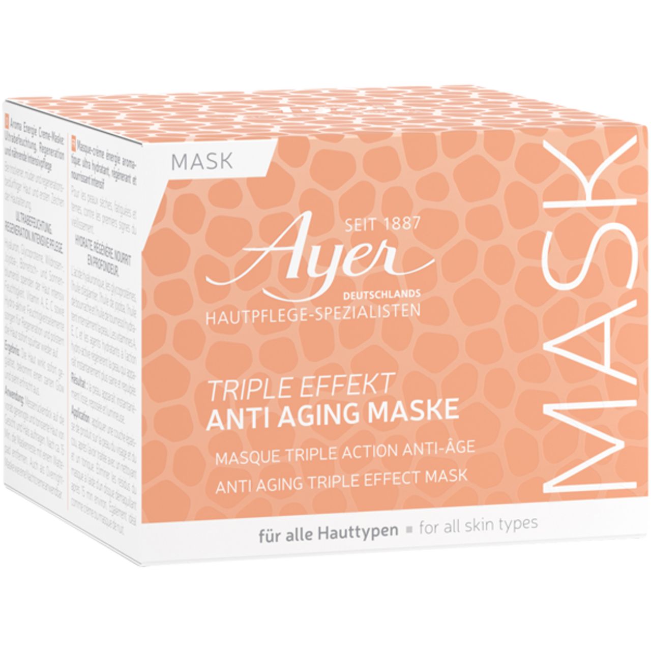 Doos met opschrift: Ayer, Triple Effect Anti Aging Maske. Voor alle huidtypen.