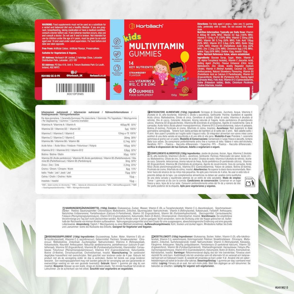 Emballage Horbaach Multivitamin Gummies enfants. 60 gommes. 14 nutriments. Goût fraise. Vegan. Liste des ingrédients.