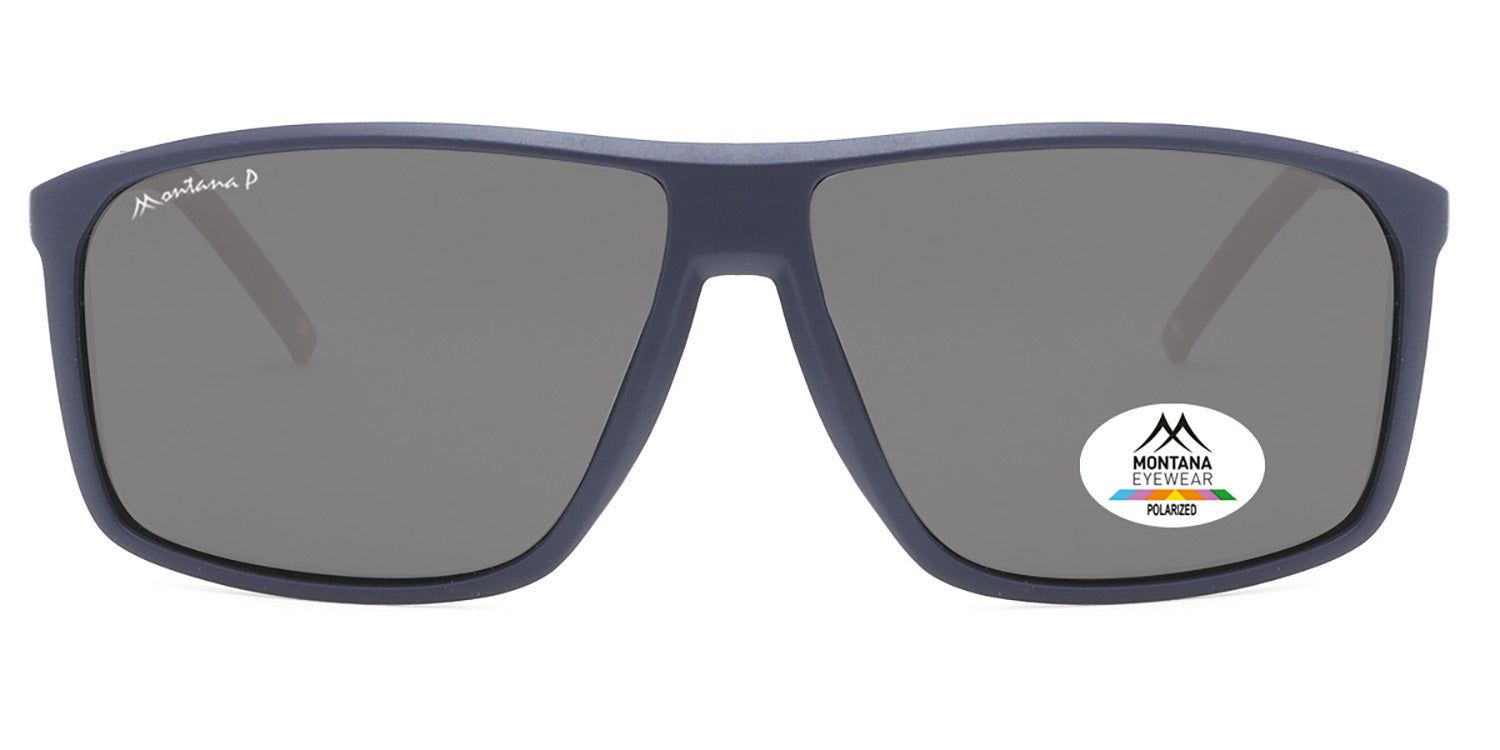 Lunettes de soleil bleues foncées avec verres gris. Logo Montana Eyewear en haut à gauche. Autocollant polarisé en bas à droite.