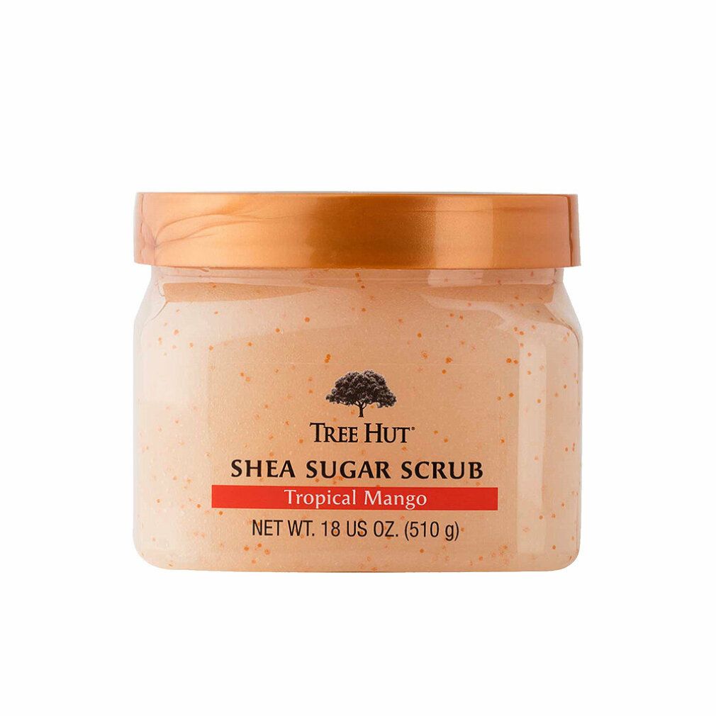 Gommage au sucre Tree Hut Shea Tropical Mango dans un pot transparent avec un couvercle orange.