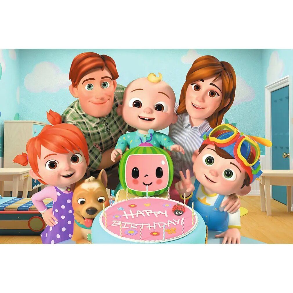 Puzzel met Cocomelon-figuren, waaronder een familie en een taart met Happy Birthday.