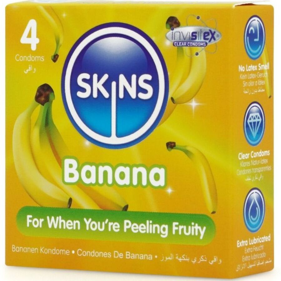 Verpakking met 4 condooms. Opdruk: SKINS Banana. Gele verpakking met bananen. Tekst: For When You're Peeling Fruity.
