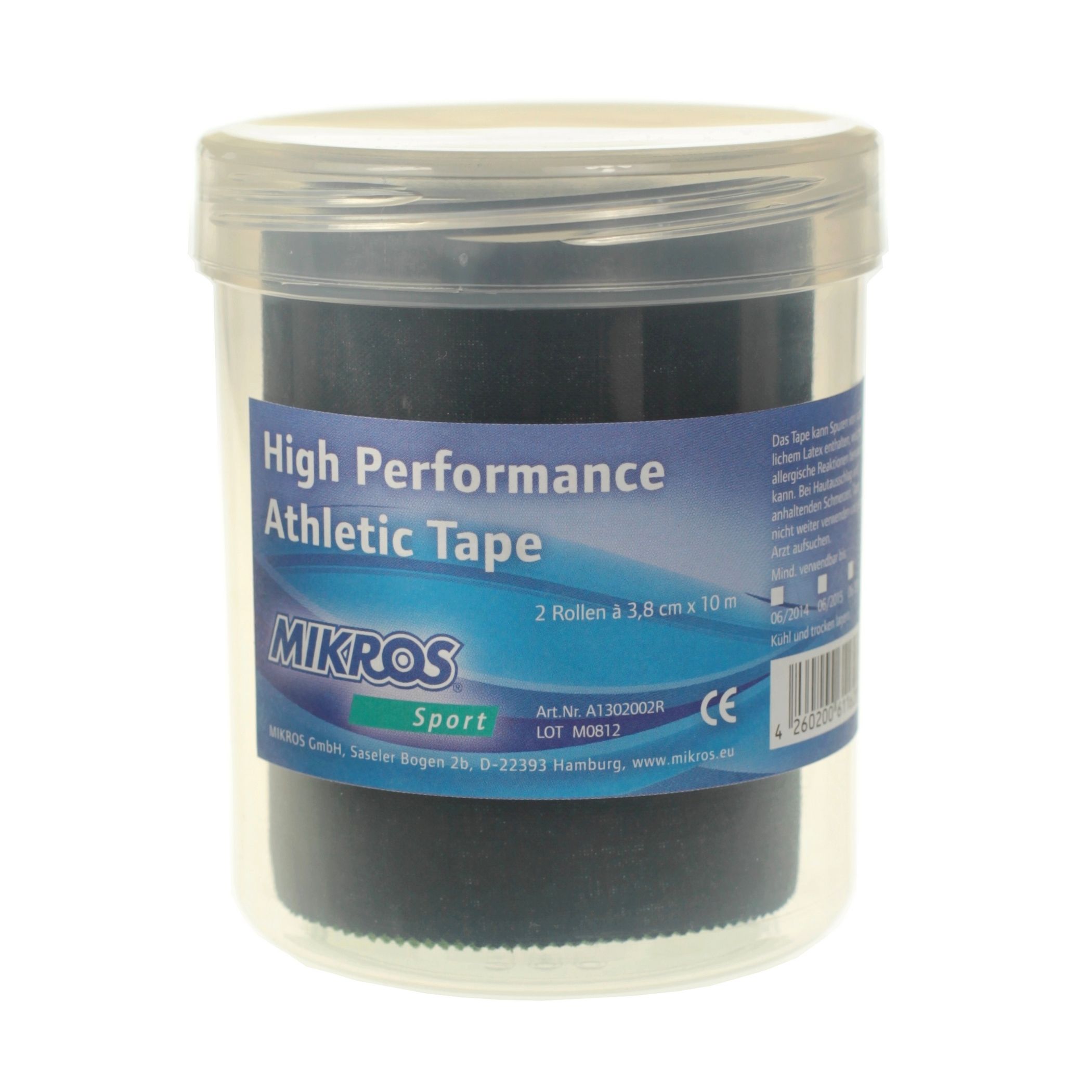 Ruban athlétique dans un récipient transparent. Inscription : High Performance Athletic Tape. Marque : MIKROS. Contient 2 rouleaux.