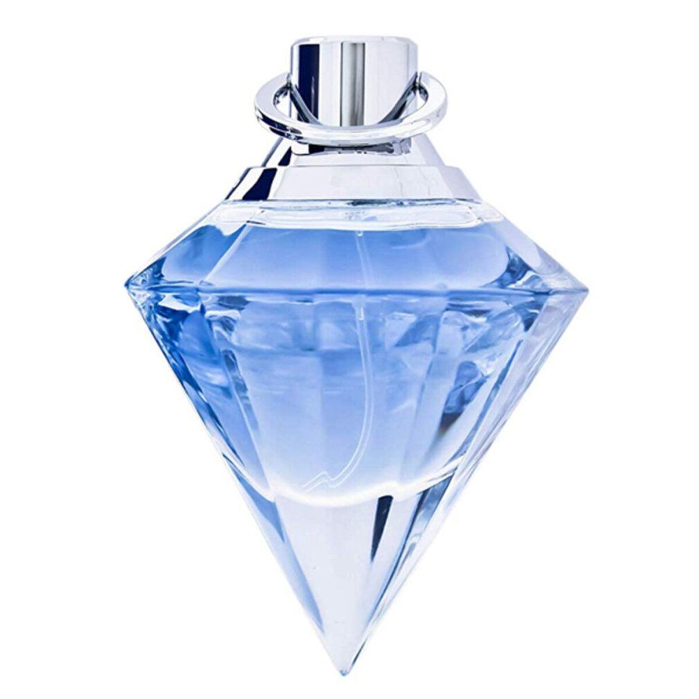 Flacon de parfum en forme de diamant. Liquide bleu, bouchon argenté. Tête de pulvérisation.