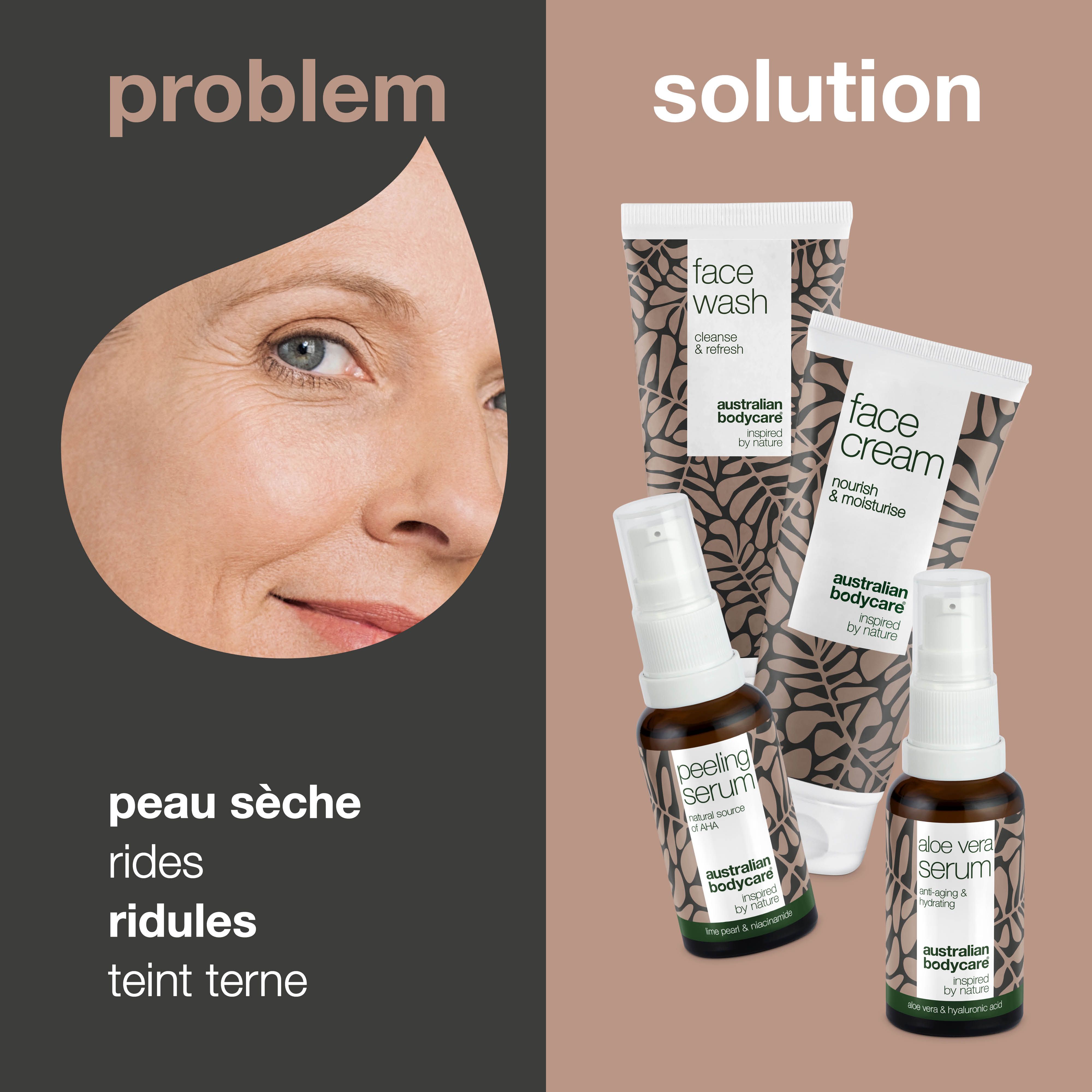 Visage d'une femme avec des rides. À côté, produits Australian Bodycare: Face Wash, Face Cream, Peeling Serum, Aloe Vera Serum.