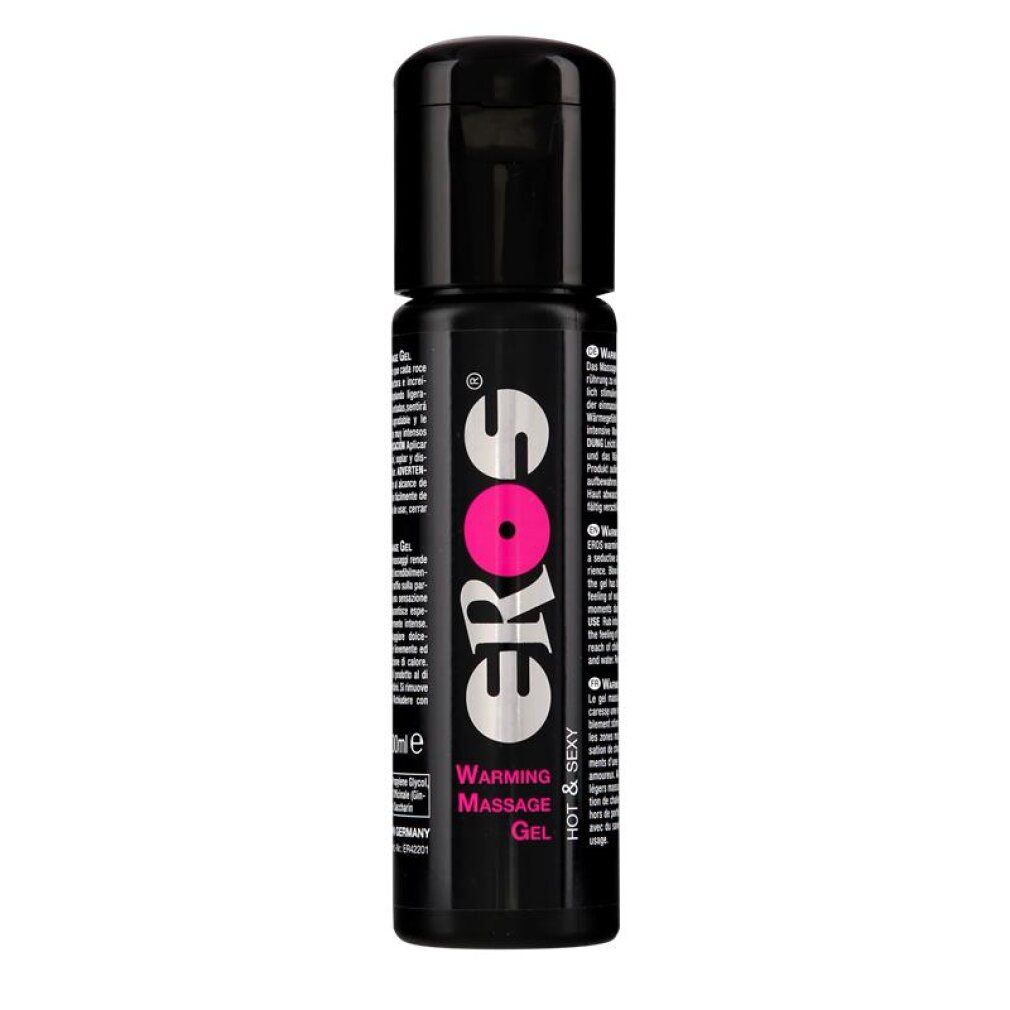 Eros Warming Massage Gel in zwarte fles met zilveren logo en roze cirkel.
