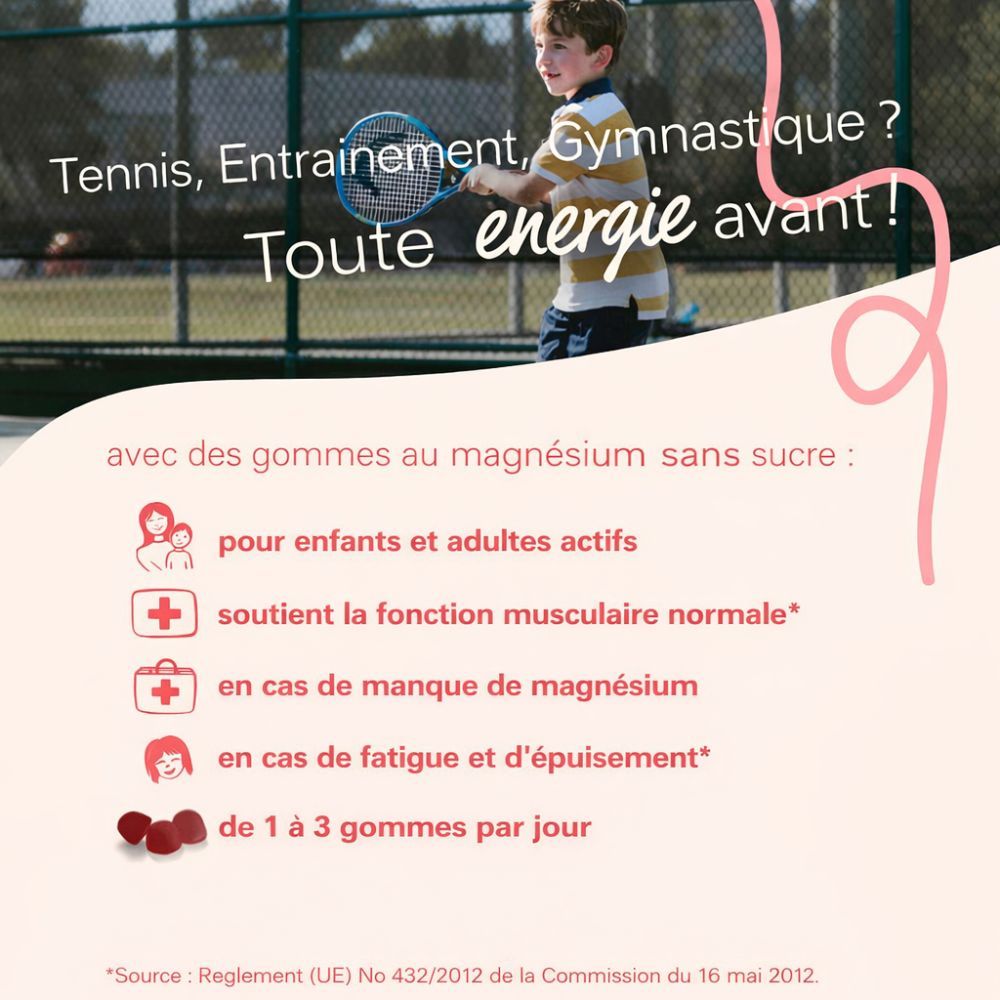 Publicité avec enfant jouant au tennis. Texte : Magnesium Gummies sans sucre. Pour enfants et adultes actifs. Gommes rouges.
