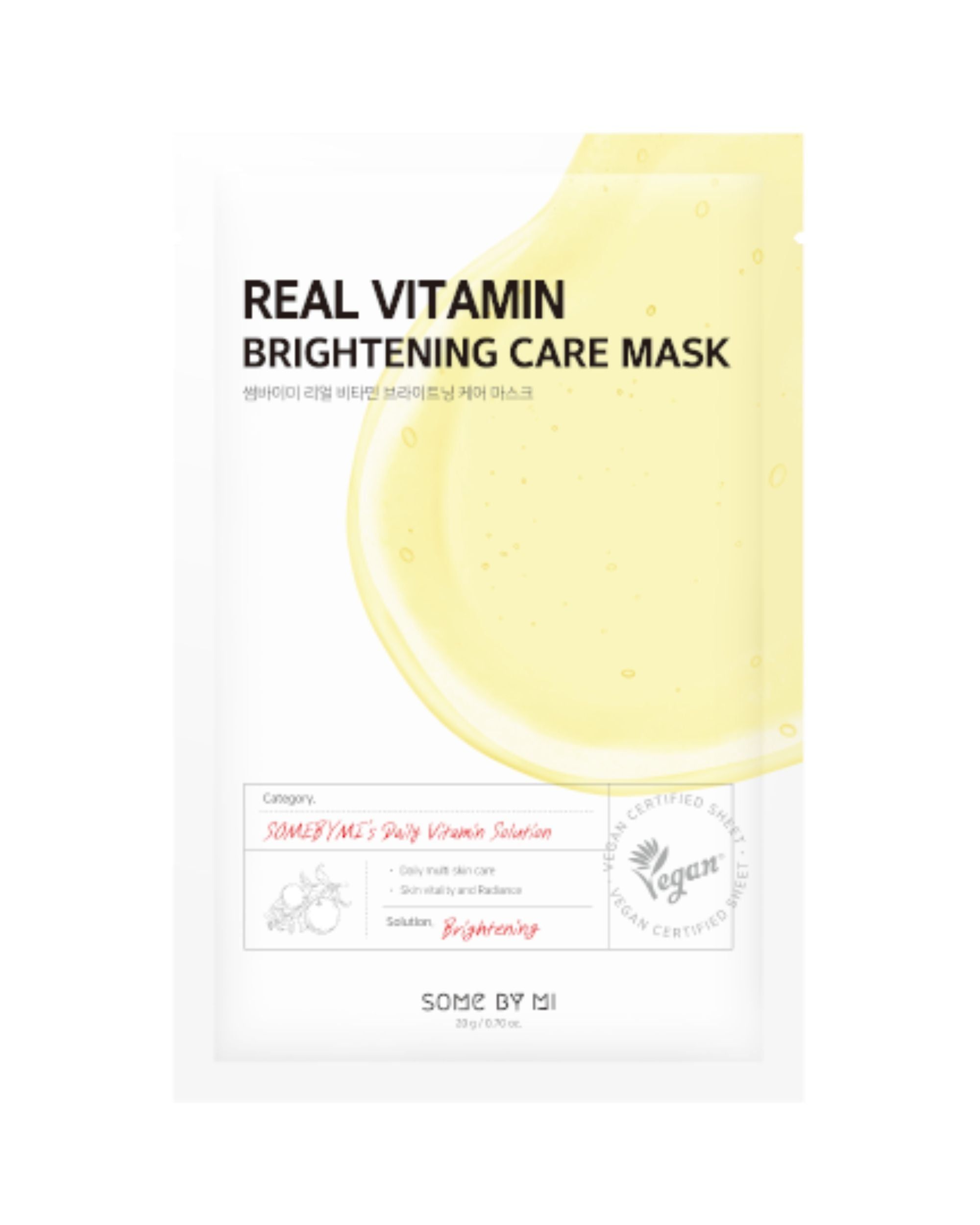 Paquet de masque SOMEBYMI Real Vitamin Brightening Care Mask avec motif citron et certification vegan.