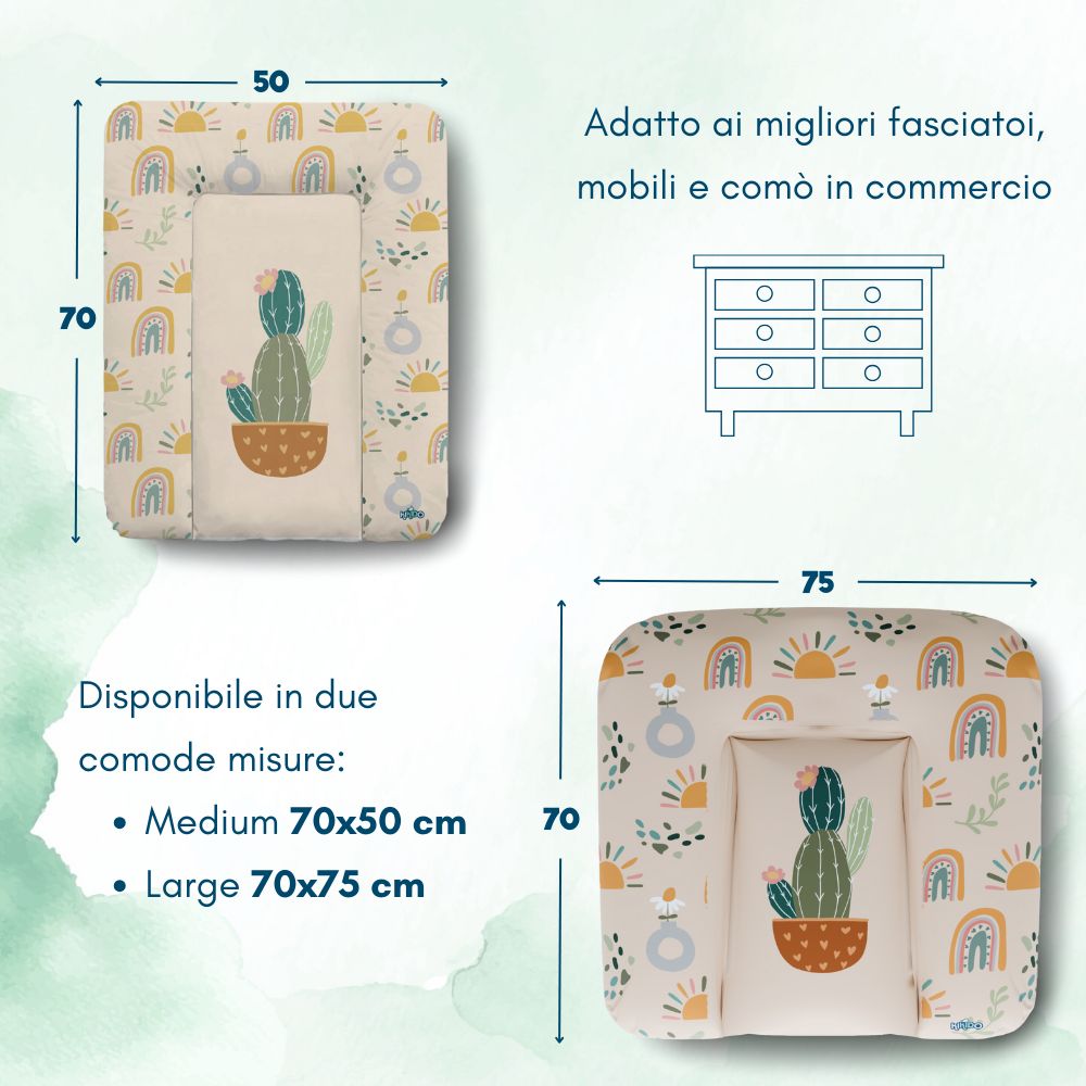 Twee maten aankleedkussen: Medium 70x50cm en Large 70x75cm. Beige met cactus- en regenboogontwerp. Afmetingen aangegeven.