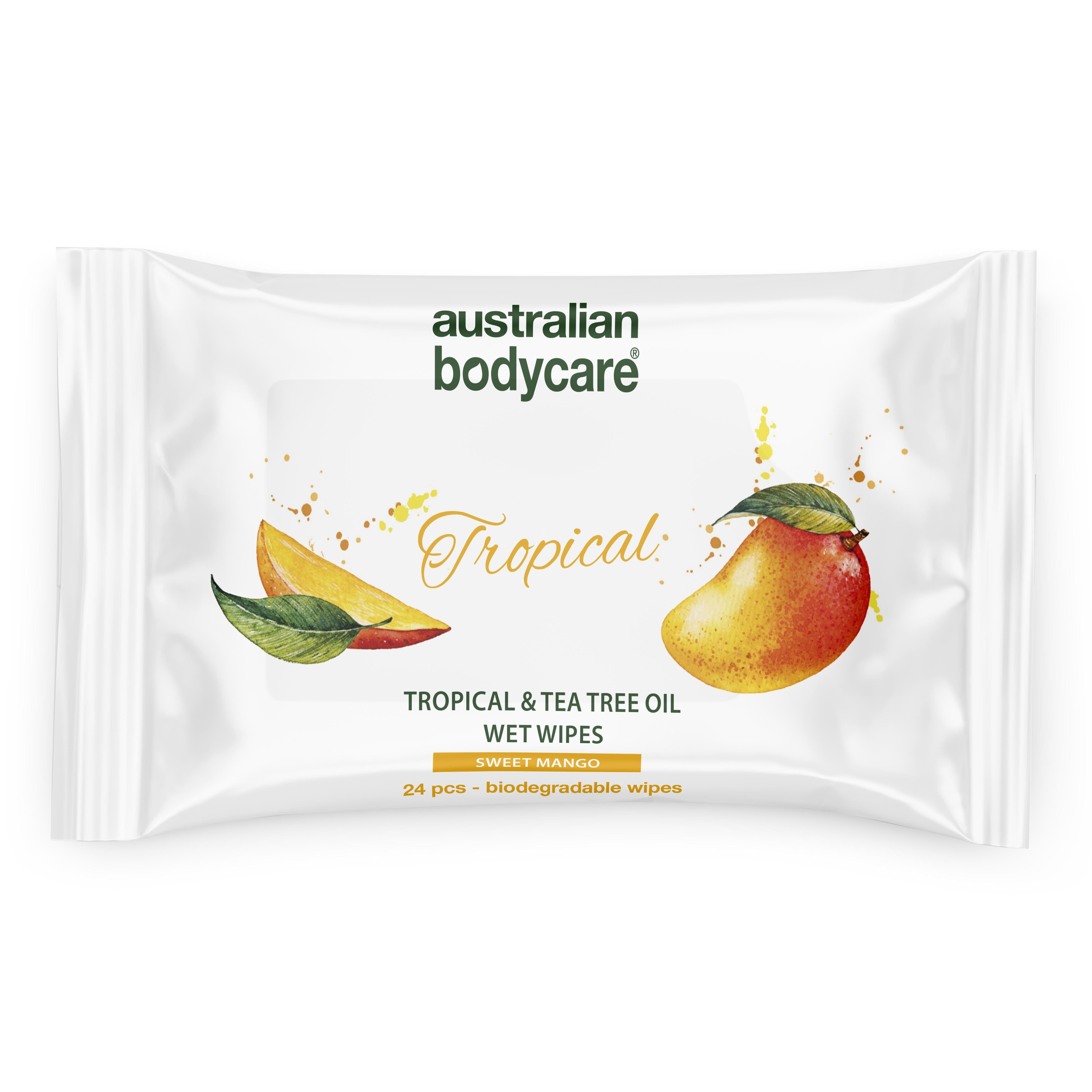 Paquet de lingettes humides. Illustration de mangue. Texte: Tropical & Tea Tree Oil Wet Wipes. 24 pièces.