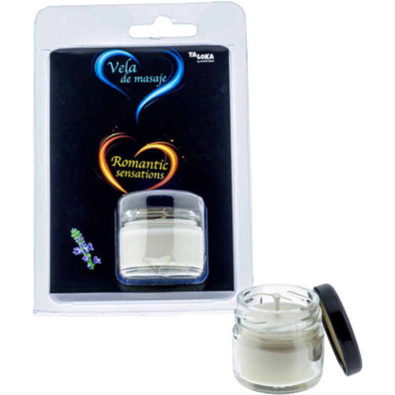 Bougie de massage en pot de verre avec couvercle. Emballée dans un blister. Inscriptions: Vela de masaje, Romantic sensations, Taloka.