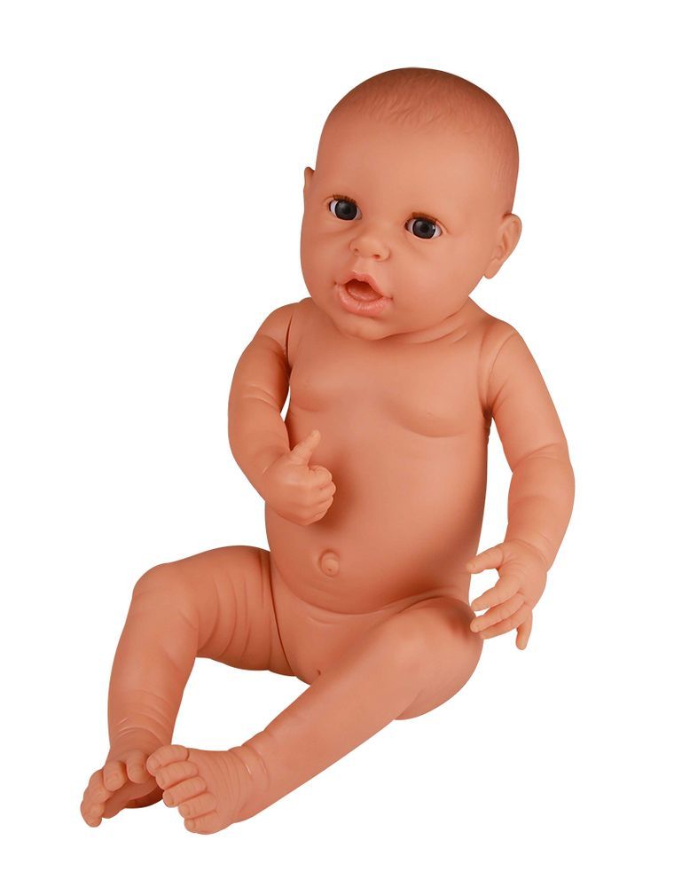 Poupée nouveau-né, garçon, assise, nue, bouche légèrement ouverte, pouce levé.