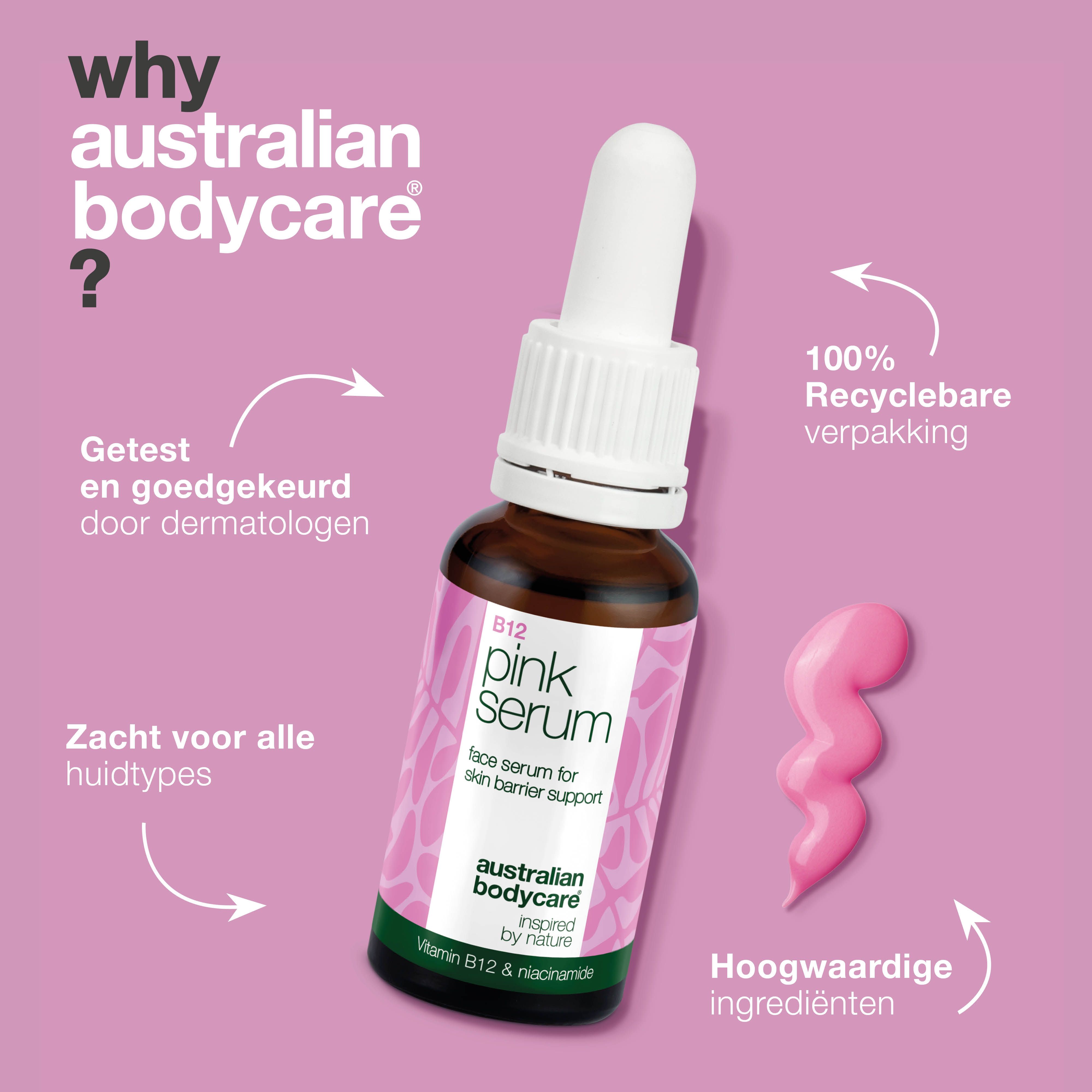 Fles Pink Serum, roze achtergrond. Tekst: Getest, alle huidtypes, recyclebare verpakking, hoogwaardige ingrediënten.