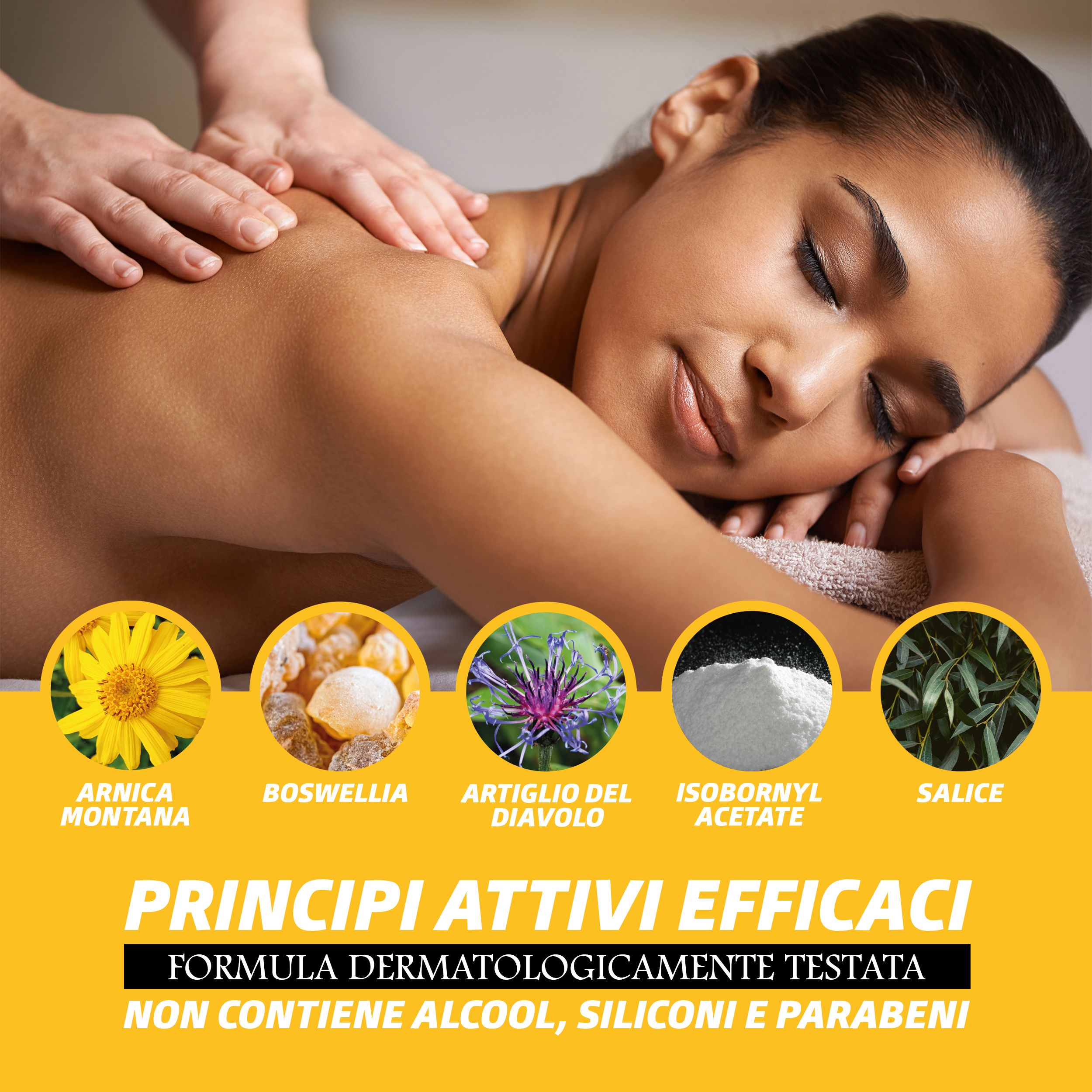 Vrouw op haar buik, rugmassage. Gele cirkels met ingrediënten: Arnica, Boswellia, Artiglio del diavolo, Isbornylacetaat, Salice.